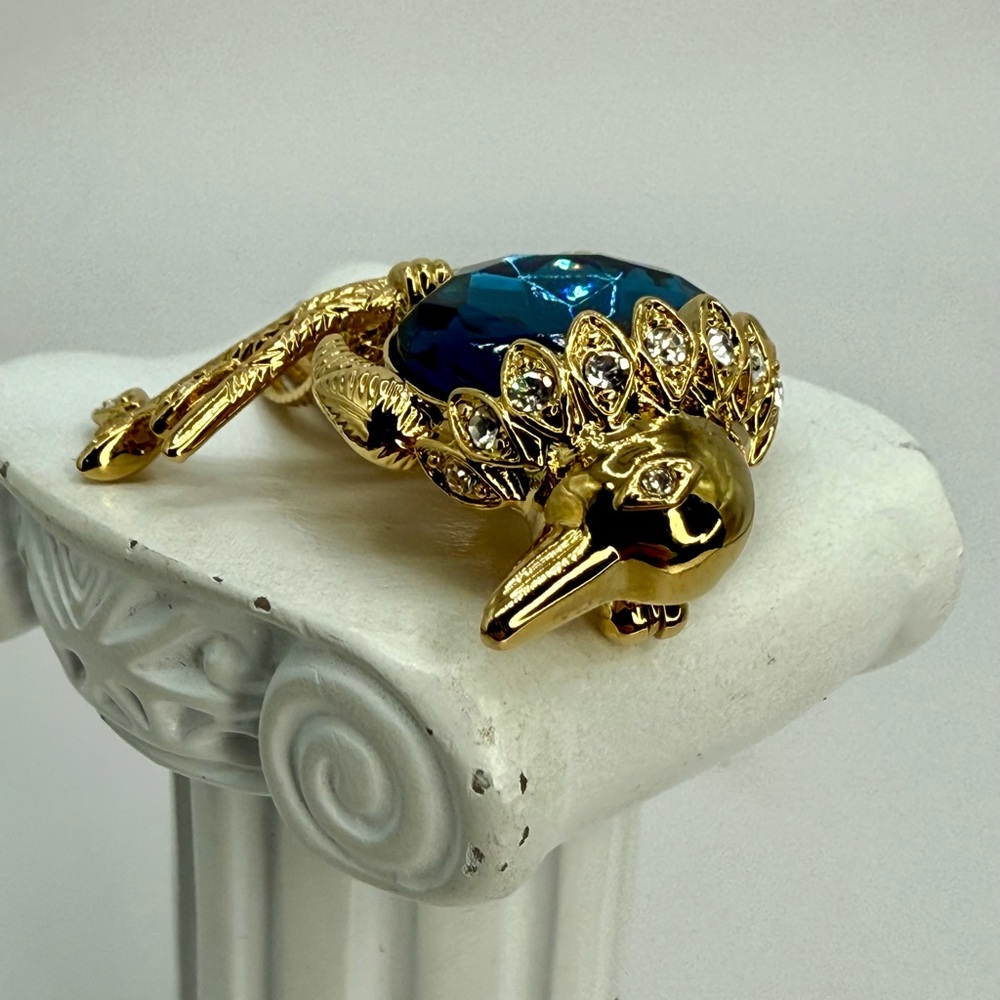 Rare Vintage Kenneth Jay Lane Bird Brooch – 1990s Signed KJL Blue Crystal Gold - Picture 10 of 17